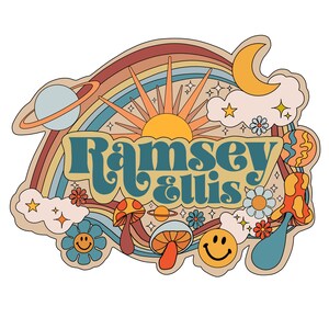 May include: A retro-style illustration with a rainbow, sun, moon, and stars. The text "Ramsey & Ellis" is in a blue font with a groovy style.