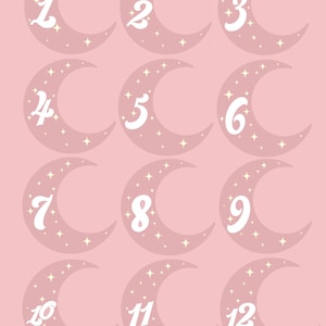 Cartões de marcos do bebê da lua rosa dos anos 70 - cartões de marcos da lua - cartões de marcos retrô - cartões de marcos celestes - imprimir em casa