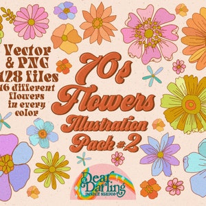 May include: A collection of retro-style floral illustrations in various colors, including orange, pink, and blue. The image features the text "70s Flowers Illustration Pack #2" and details about the files, such as "Vector & PNG 128 files".