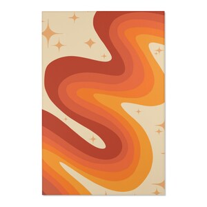 May include: Abstract retro style digital art print with a wavy, flowing design in shades of orange, red, and yellow on a cream background. The design is reminiscent of 1970s aesthetics.