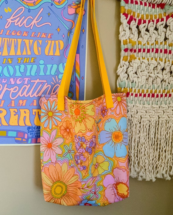 Flower Power Pastel Tote bag | Floral Print Tote Bag | 70s Floral Pattern | 70s psychedelic pattern | 70s Flowers Bag | Reusable Tote