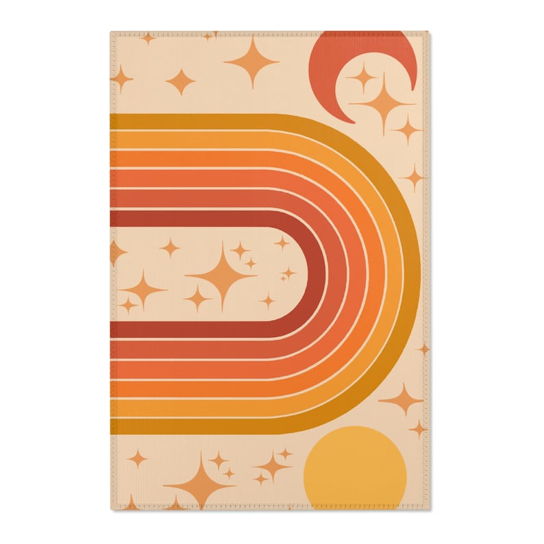 70er Boho Rainbow & Star Area Teppich | 70er Jahre Teppiche | 70er Regenbogen Teppich | 70er Jahre Boho Kinderzimmer Dekor | retro 70er Teppiche | orange 70er Teppiche | warmer Ton 24" × 36"
