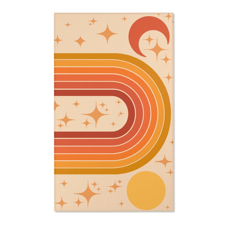 70er Boho Rainbow & Star Area Teppich | 70er Jahre Teppiche | 70er Regenbogen Teppich | 70er Jahre Boho Kinderzimmer Dekor | retro 70er Teppiche | orange 70er Teppiche | warmer Ton 36" × 60"