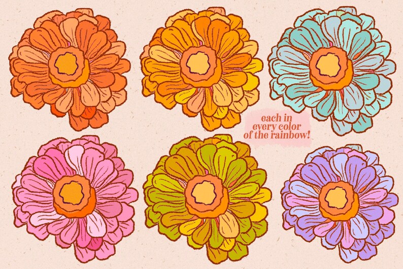 Puede incluir: Seis ilustraciones estilizadas de zinnias, cada una en un color diferente del arco&iacute;ris: naranja, amarillo, azul, rosa, verde y morado. El texto "cada color del arco&iacute;ris!" est&aacute; escrito debajo de las flores.