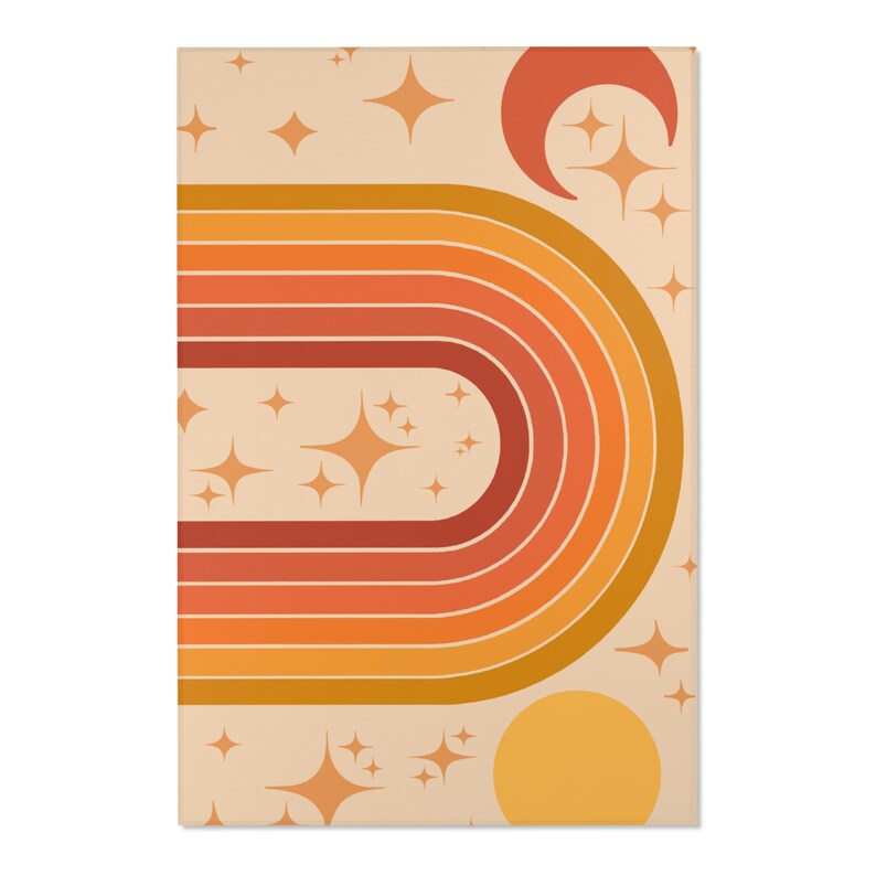 70er Boho Rainbow & Star Area Teppich | 70er Jahre Teppiche | 70er Regenbogen Teppich | 70er Jahre Boho Kinderzimmer Dekor | retro 70er Teppiche | orange 70er Teppiche | warmer Ton 48" × 72"