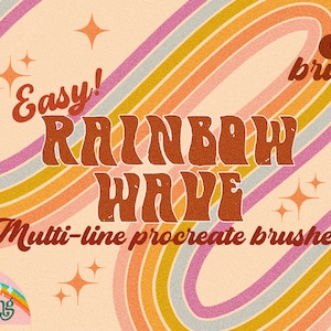 Puede incluir: Una ilustración digital de una ola arcoíris con el texto "Easy! RAINBOW WAVE 32 brushes Multi-line procreate brushes" y el logotipo "Dear Darling Design Studio".