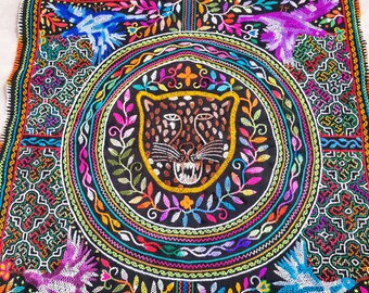 cm-Shipibo textiel ayahuasca visie altaar kleding, sjamanistische kunst chacruna bladeren ayahuasca bloem icaro de jaguar beschermer