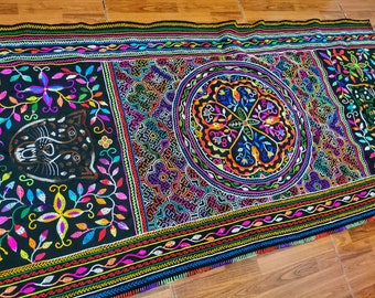 137x71cm-jaguar protector Shipibo textile, ayahuasca flower, visionary altar clothing, shamanic art icaro of healing for our heart