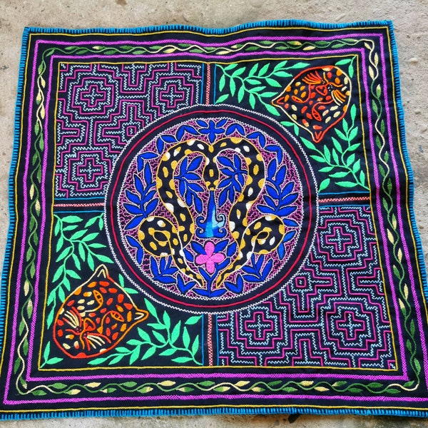 70x69.5cm-Shipibo textile ayahuasca vision altar clothing, shamanic art chacruna leaves icaro of cosmic anaconda and protective jaguar