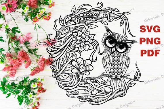 Zentangle Hibou Svg Design Hibou Sur La Lune Mandala Hibou Svg Hibou Clip Art Hibou Fichiers Pour Cricut Et Silhouette Svg Png Ornement De Svg