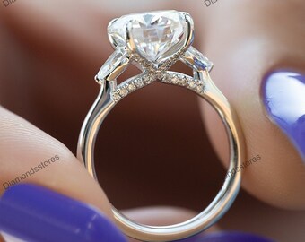 Round Moissanite Three Stone Engagement Ring, 18K White Gold, Pear Side Stones