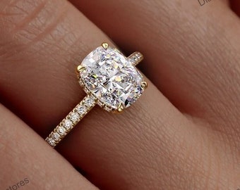 Cushion Cut Moissanite Engagement Ring, 18K Gold Hidden Halo Ring