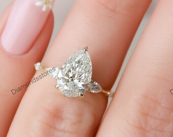 Pear Moissanite Engagement Ring, Three Stone Hidden Halo, 14k Gold