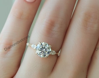 Round Moissanite 14k Gold Engagement Ring, Three Stone Vintage Hidden Halo