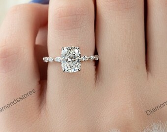 Cushion Cut Moissanite Engagement Ring, Hidden Halo, Art Deco Style