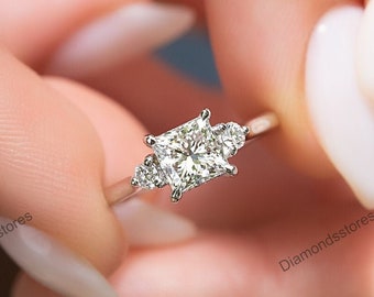 Princess Cut Moissanite Engagement Ring, 14k White Gold Hidden Halo