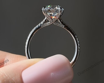 Hidden Halo Moissanite Engagement Ring, 18K Gold, Round Cut, 1.00 Carat