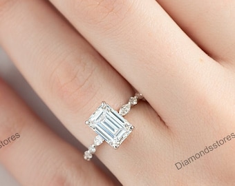 Emerald Cut Moissanite Engagement Ring, 14K Gold Hidden Halo, Vintage Bridal Ring