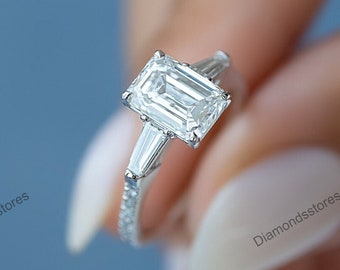Emerald Cut Moissanite Engagement Ring, Vintage Hidden Halo, 14k Gold