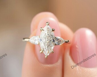 Marquise Moissanite Three Stone Ring, 14K Yellow Gold Anniversary Ring