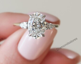 Oval Moissanite Engagement Ring, Pear Side Stones, Handmade 18k Gold