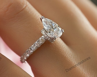 Pear Moissanite Engagement Ring, Hidden Halo, 18k White Gold