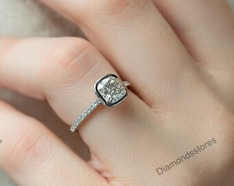 Cushion Moissanite Engagement Ring: 14k White Gold Hidden Halo