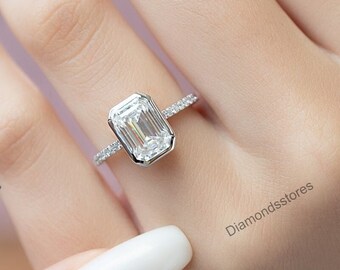 Emerald Cut Moissanite Ring, 14k White Gold Hidden Halo, Vintage Wedding Ring