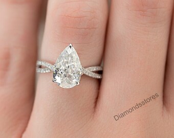 Petite Pear Moissanite Ring: 14k Gold Twisted Band Engagement Ring