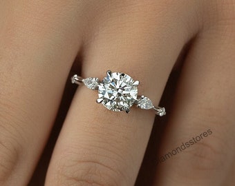 Round Moissanite Engagement Ring, Hidden Halo, 18K White Gold