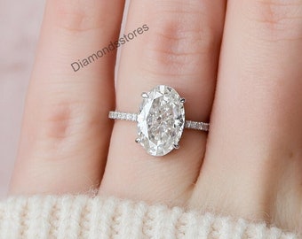 Oval Moissanite Hidden Halo Ring, 18K Gold Wedding Ring