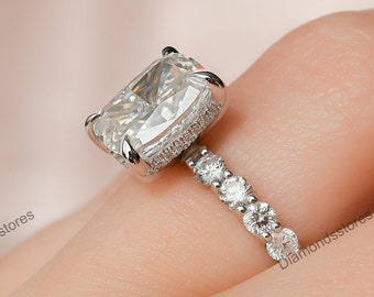 Elongated Cushion Moissanite Ring, Hidden Halo, 18k White Gold