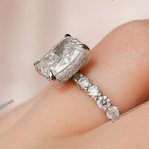 Elongated Cushion Moissanite Ring, Hidden Halo, 18k White Gold