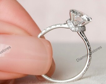 Round Moissanite Engagement Ring, 18K White Gold Hidden Halo Ring