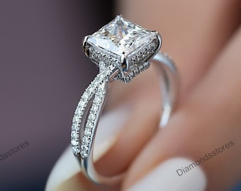 Twisted 14k Gold Moissanite Engagement Ring, Princess Cut, Hidden Halo