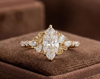 18K Rose Gold Marquise cut Moissanite Engagement Ring, Nature Inspired Bridal Ring for her