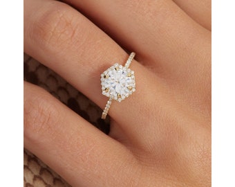 Vintage Hexagon Moissanite Ring, Rose Gold Solitaire Engagement Ring
