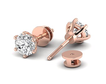 Moissanite Stud Earrings, Rose Gold Solitaire, Sterling Silver