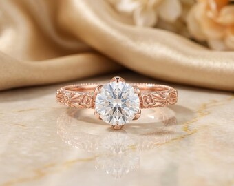 Vintage Filigree Design Moissanite Engagement ring, 14k Gold  Floral Band, Unique Nature Inspired Ring For Women
