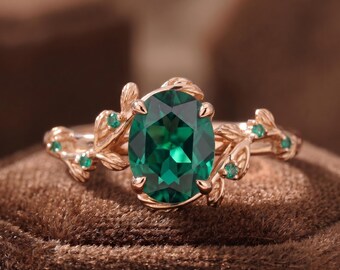 14k Solid Gold Engagement Ring, Oval Emerald Nature Inspired Band, Anniversary Gift For Her