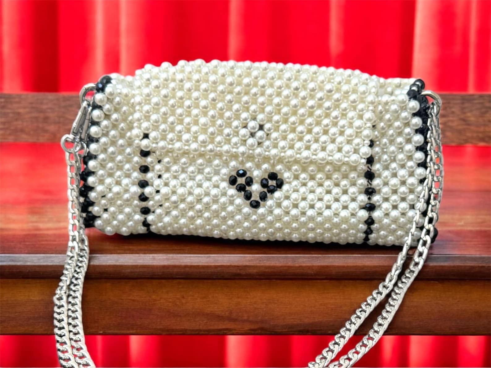 Handmade Pearl and black Crystals with Chain Strap