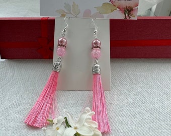 Blushing Beauty Tassel Earrings: Delicate Pink Hue with Pearl Crystals for a Touch of Elegance and Femininity. Perfect for Valentine&#39;s Day.