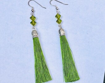 Make a Statement with Swarovski Green Tassel Earrings - Handcrafted with Sterling 925 Silver