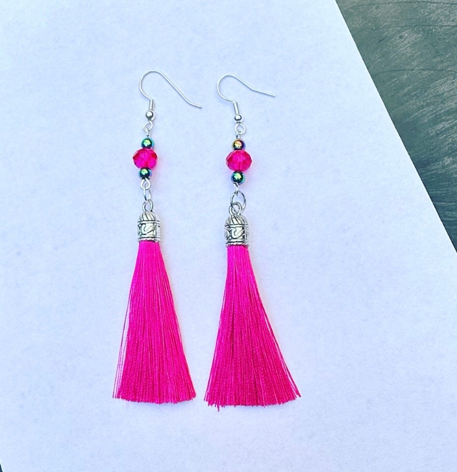 Fuchsia Hotness Tassel Earrings: Long and Trendy Sterling Silver Drops with Crystal and Pearl Accents. Handmade for Any Occasion.