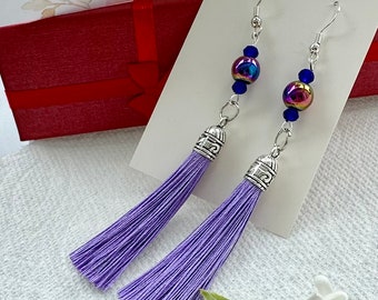 Sterling Long Purple tassel earrings with Glass Bead. Boho Statement Jewelry for any occasion. A must have Purple.