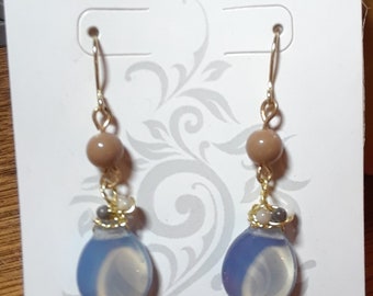 Gold Blue Tan Wire-Wrapped Earrings