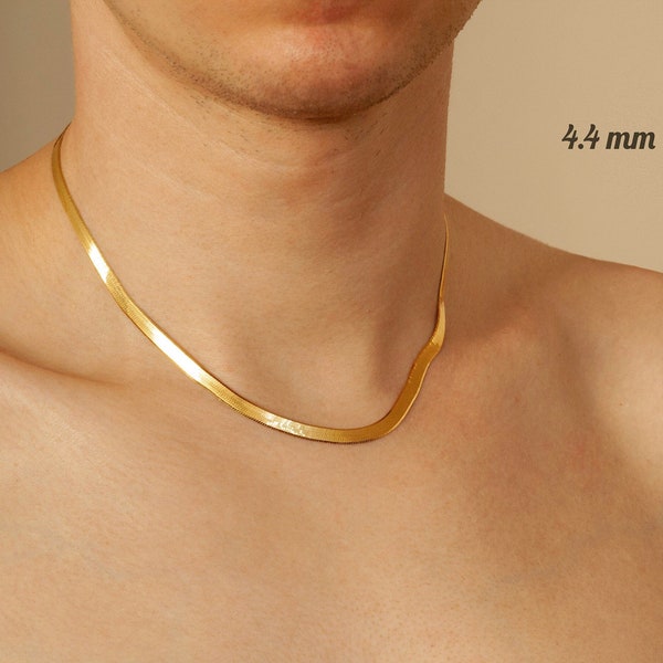 Mens Gold Herringbone Necklace, Flat Snake Chain, 18K Gold Dipped 925 Solid Sterling Silver, Liquid Gold Necklace Valentines Gift