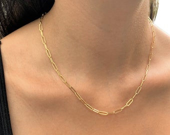 Gold Paperclip Chain Necklace, Gold Plated 925 Silver Rectangle Link Chain, Layering Necklace, Long Chain, Choker Chain, Paperclip Bracelet