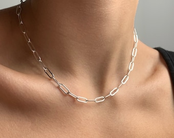 Real Sterling Silver Paperclip Chain Necklace, 925 Silver Rectangle Link Chain, Plus Size Layering Necklace, Choker Chain, Valentines Gift