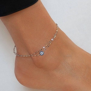 Real Silver Evil Eye Double Layer Ankle Bracelet, Solid 925 Sterling Silver Diamond Cut Anklet, NO TARNISH, Good Luck Protection Jewelry